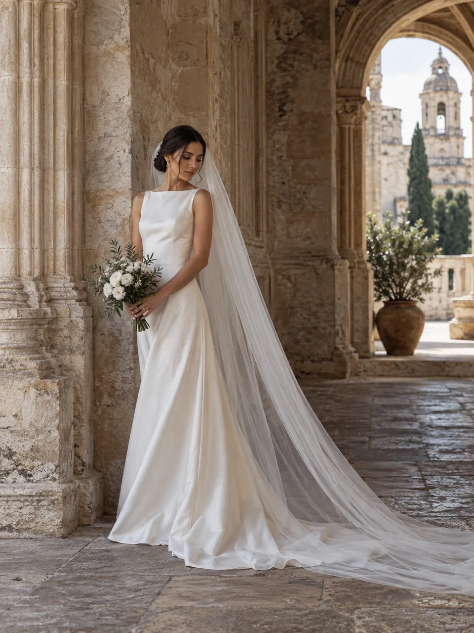 Imagen ilustrativa generada: Novia junto a un arco de piedra