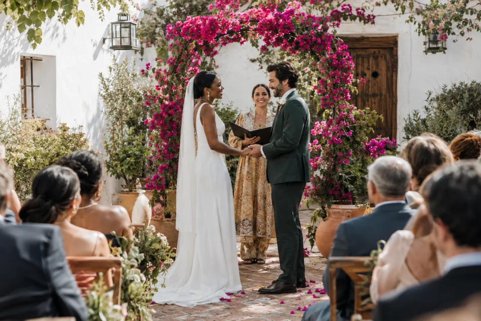 Imagen ilustrativa generada: Ceremonia de boda en un patio con buganvillas