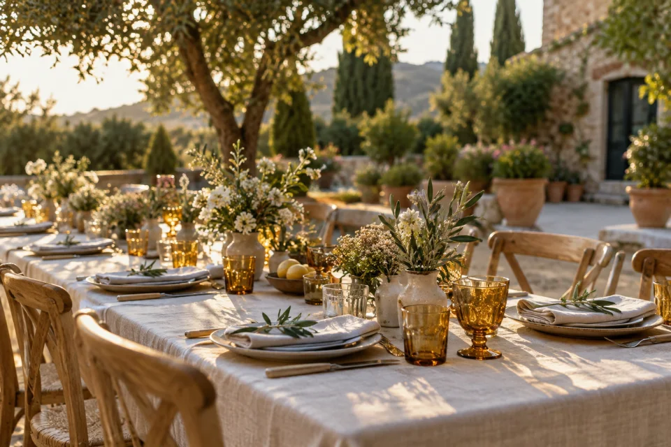 Imagen ilustrativa generada: Mesa de boda con flores y cristalería ámbar