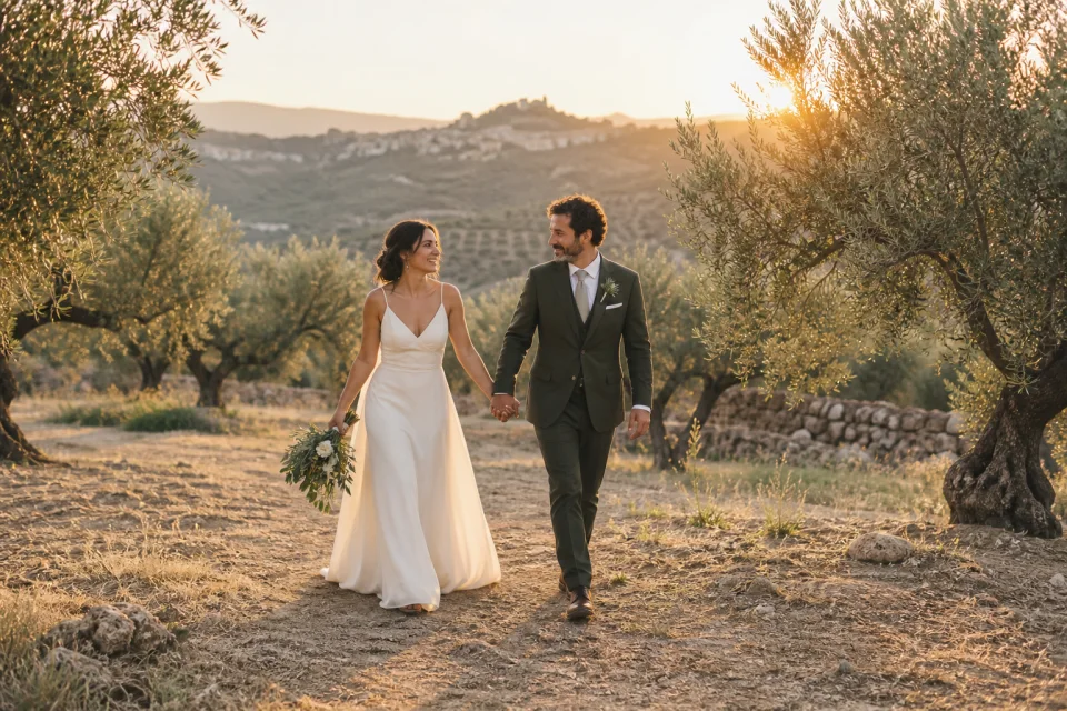 Imagen ilustrativa generada: Una pareja pasea entre olivos al atardecer