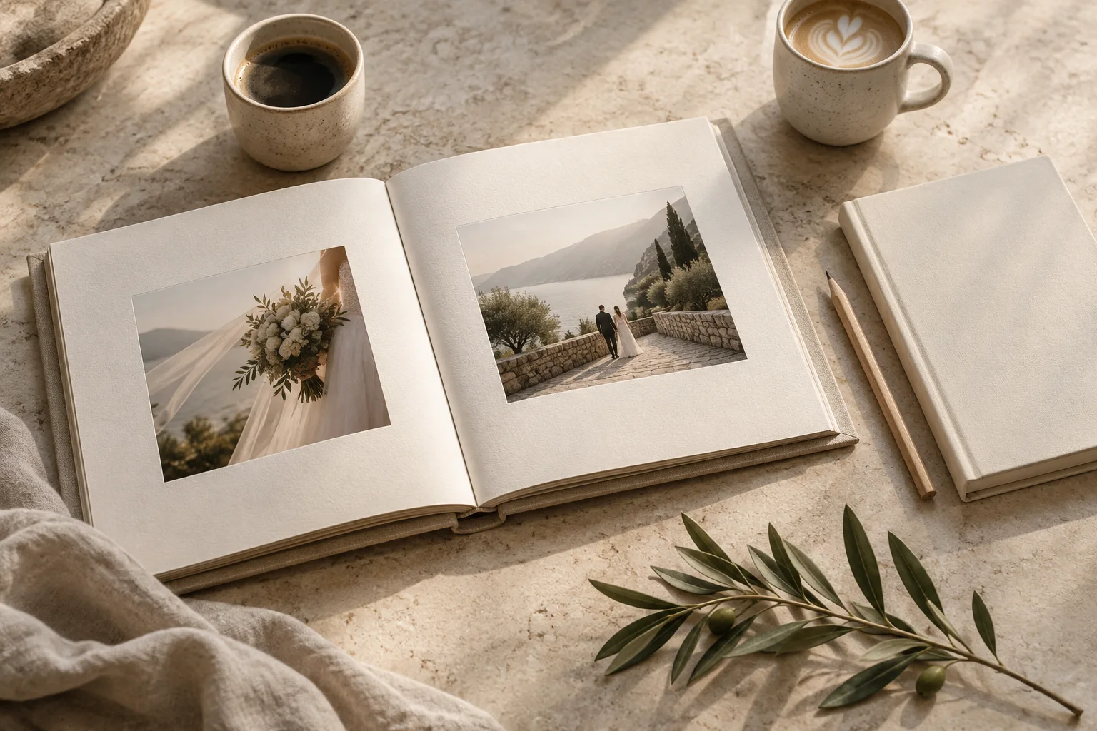 Álbum de boda y cuaderno sobre una mesa de piedra clara · Imagen ilustrativa de Bodapro