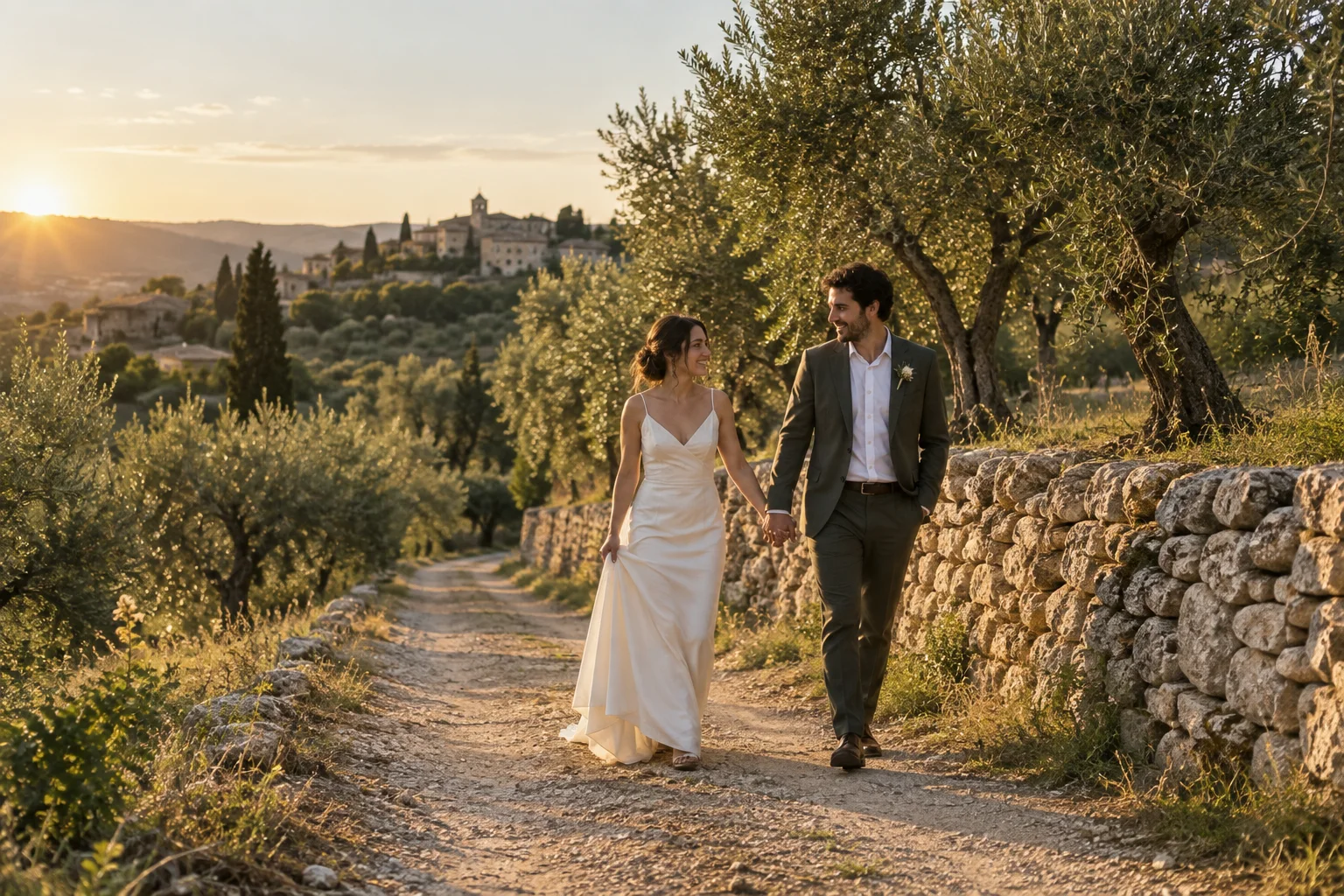 Una pareja de novios camina junto a un olivar con luz cálida de tarde · Imagen ilustrativa de Bodapro