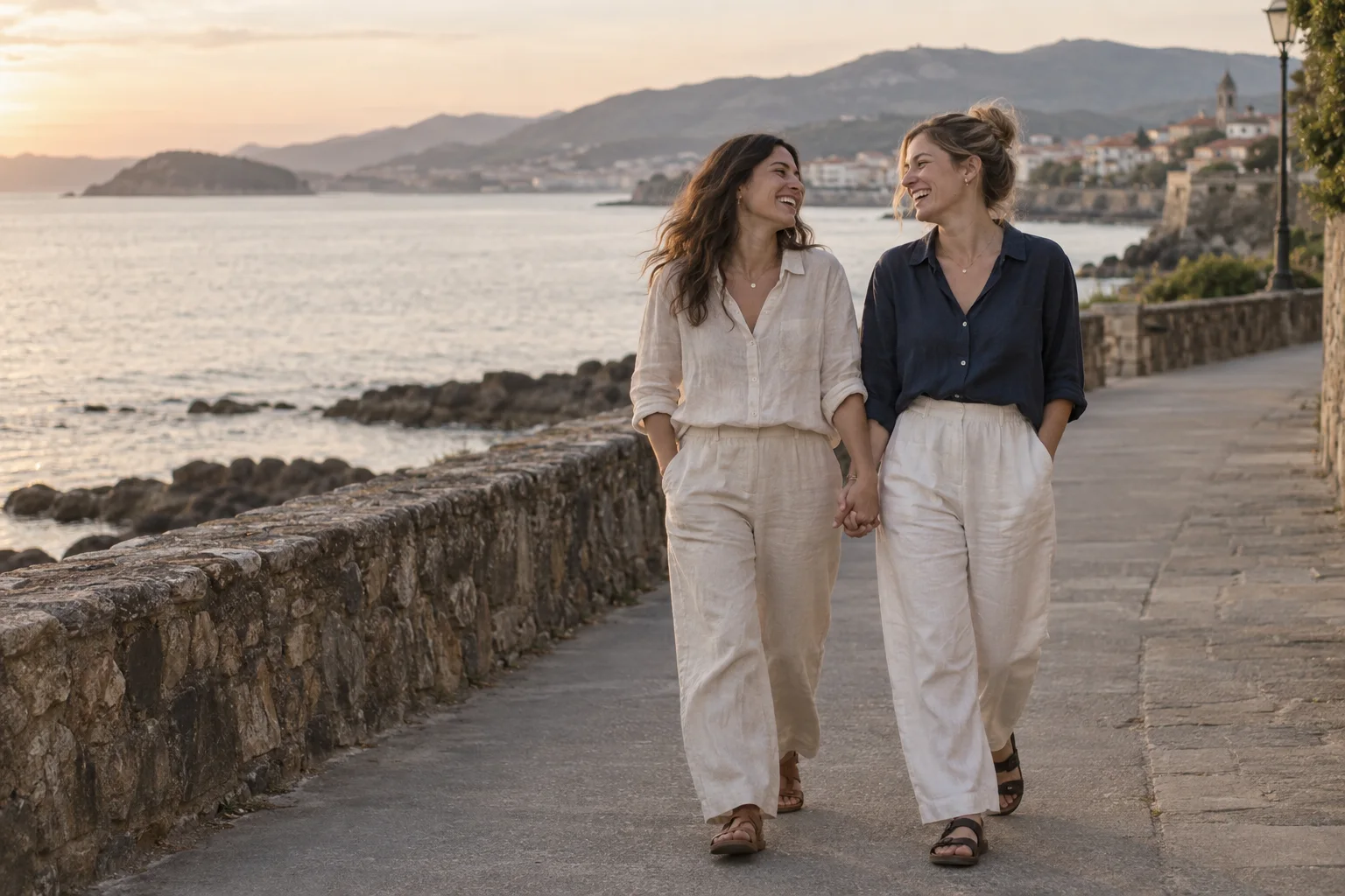 Dos mujeres pasean juntas junto al mar durante una sesión de pareja · Imagen ilustrativa de Bodapro
