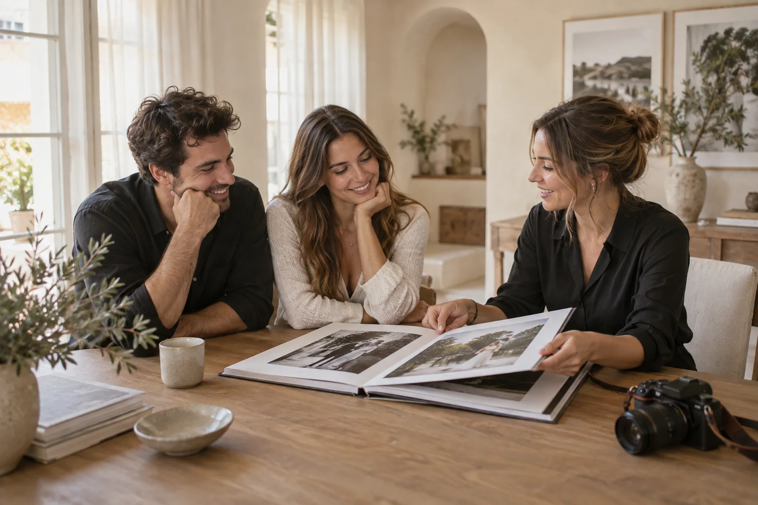 Una pareja revisa un álbum con una fotógrafa en su estudio · Imagen ilustrativa de Bodapro
