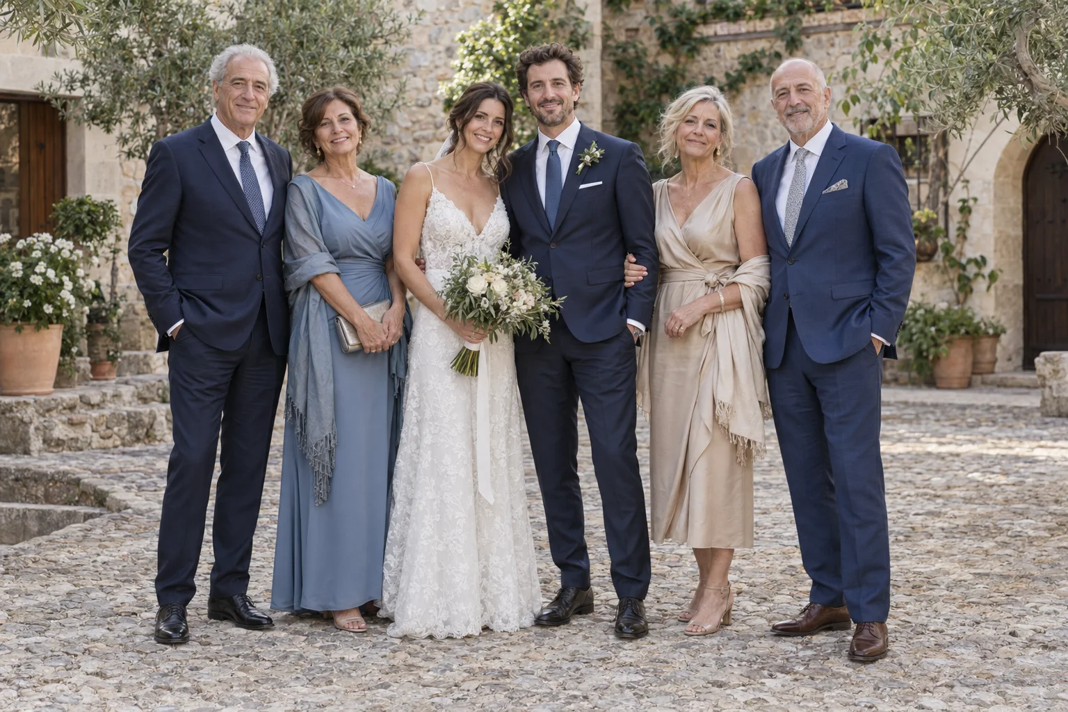 Novios con cuatro familiares en una fotografía de grupo en un patio · Imagen ilustrativa de Bodapro
